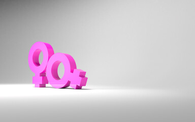 Gender signs illustration for lgbt themed background with two sexual female couple symbols. 3D gender signs for pride month or same sex marriage greeting cards. 3D illustration