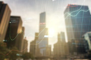 Abstract virtual stats data hologram on office buildings background. Multiexposure