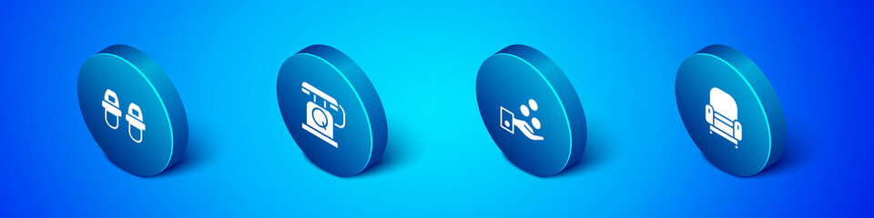 Set Isometric Hotel slippers, Paying tips, Armchair and Telephone handset icon. Vector