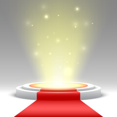 Round podium with red carpet and lights. Pedestal. Stage. Vector illustration.