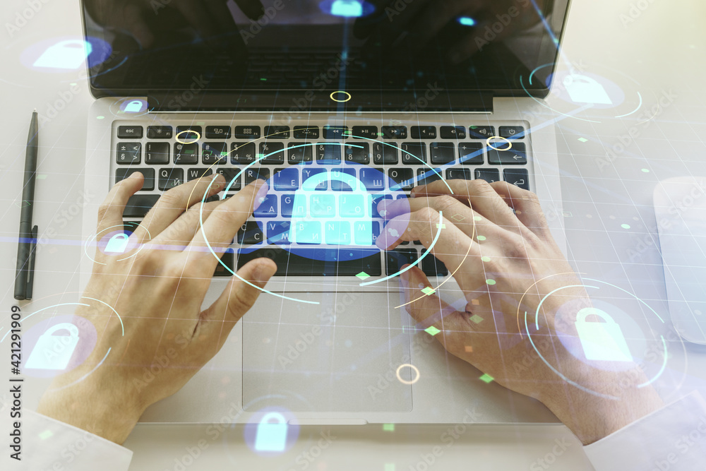 Poster creative lock sketch with chip hologram and hands typing on computer keyboard on background, protect
