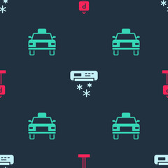 Set Parking, Air conditioner and Taxi car on seamless pattern. Vector