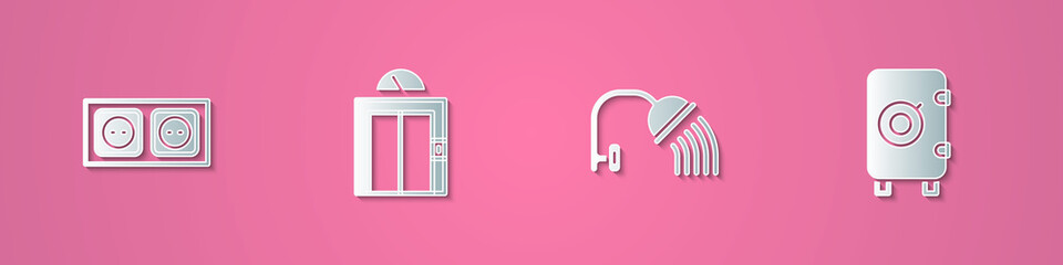 Set paper cut Electrical outlet, Lift, Shower head and Safe icon. Paper art style. Vector