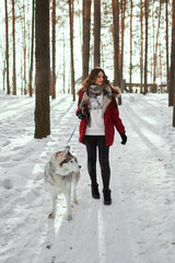 Cute girl in a winter park. A woman plays with a dog. Girl in a red jacket with a hood plays with a husky