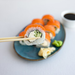 Japanese food sushi roll with raw fish and rice