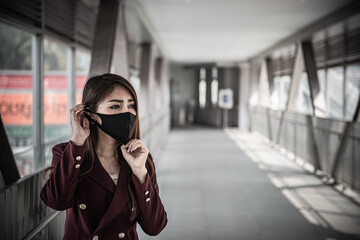 Asian woman wear face mask for protect COVID-19 virus,Thailand people,Young lady shortness of breath Coronavirus cough breathing problem