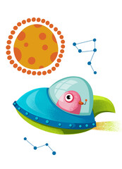 Alien ufo in a flying saucer clipart. Constellation and planet Mars. Poster for the nursery. Halloween, space, aliens. Cute illustration in cartoon childish style. The image is isolated 