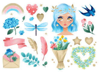 Clipart set of spring items. Girl with blue hair, dragonfly, envelope, feather, flowers, rainbow. The image is isolated on a white background.