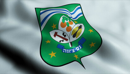 3D Waving Israel City Flag of Ness Ziona Closeup View