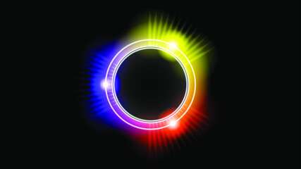 Sun Eclipse with Yellow Red and Purple Fire on Dark Background, Vector. Moon Design with Glowing Light.  Space and Science concept