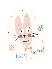 Cute funny Easter Bunny with lettering Happy Easter. A hand-drawn hare by a child. Cartoon. Doodle. Painted Easter Eggs and stars around it. Greeting card, invitation, poster, banner, festive wrapping