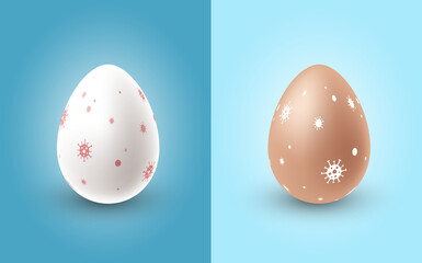 White and brown realistic chicken eggs with red coronavirus cells ornament. 3d egg for poster or banner design. - Vector illustration
