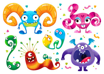 Clipart set of children's funny monsters. Halloween and cartoon aliens. Mom and kids. Fun for the holiday. Decor for a children's birthday. The image is isolated on a white background.