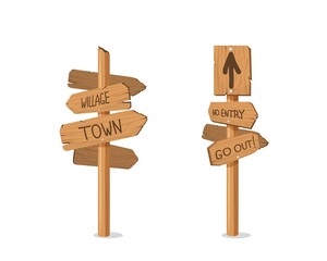 Wooden post hung with retro wooden pointers. Old billboards on stick with stop and no entry announcements and information brown wood texture with vector direction.