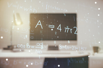 Double exposure of creative scientific formula concept on laptop background, research and...