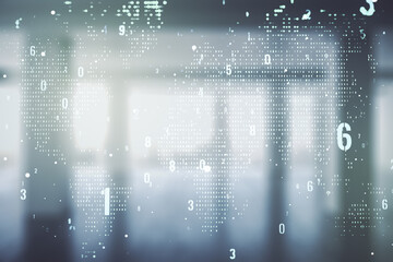 Abstract virtual coding illustration and world map on modern interior background, international software development concept. Multiexposure