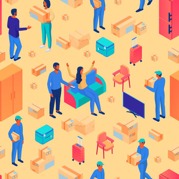 People deliver purchases and goods isometric seamless pattern. Male character in blue uniform cap delivers parcel woman on sofa rejoices scattered yellow boxes and red vector suitcases.