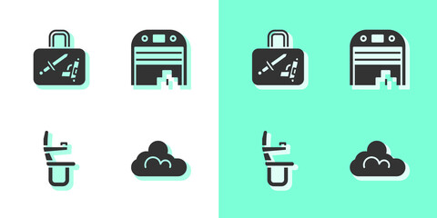 Set Cloud weather, Suitcase, Airplane seat and Aircraft hangar icon. Vector