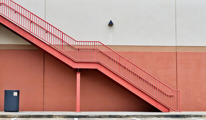 Pink stairs fire escape architecture on building street, white two tone colorful minimal descending...
