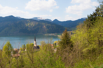 spring landscape with lake view, Schliersee, St Sixtus Church, lookout point Haiderdenkmal, bavaria