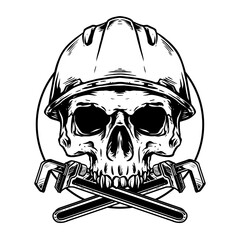 skull with wrench and safety helmet vector