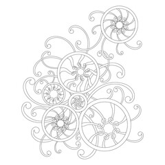 Coloring book for older children. Round abstract doodle elements and swirls on a white background