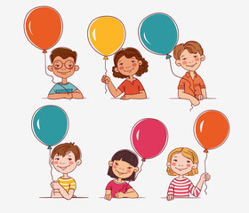 Funny kids with balloons. Vector cute boys and girls collection. Multi-ethnic group of happy children. Different cartoon faces icons