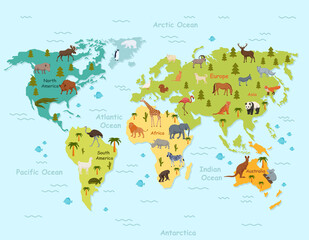 Habitat animals on world map clipart. Green topographic continents with ocean and tropical northern mammals vector birds.
