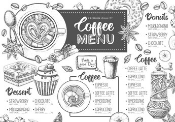 Restaurant Coffee menu design. Decorative sketch of cup of coffee or tea. Dessert menu