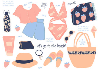 Vector summer items. Women's beach elements. Summer сlothes,  bag, glasses, hat, sun cream, bottle, beach mat, cosmetic bag, swimsuit,  flip flops. Flat style