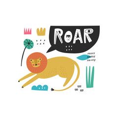 Hand drawn cartoon lion character and Roar lettering word in speech bubble. Abstract doodle elements isolated on white. Cute safari animal, wild cat with mane. Baby t shirt print in scandinavian style