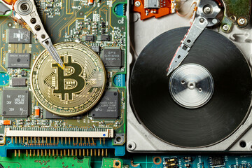 Token de criptomoeda Bitcoin dourada em cima de placas eletrônicas e peças de computador com um...