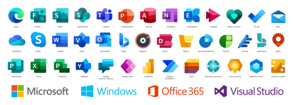 Full set 2021 Microsoft icons: High-quality Shaded icons with shadows isolated on a white background. Vector illustration EPS 10