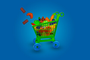 Toy shopping venture with different toy food ,Background color blue