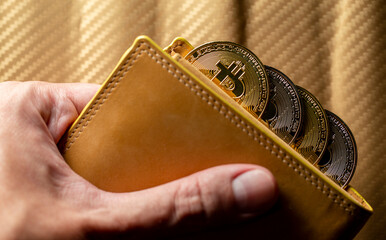 Mão segurando carteira cheia de tokens de Bitcoins. Criptomoedas ouro e prata com fundo desfocado.