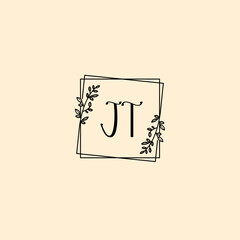 JT initial letters Wedding monogram logos, hand drawn modern minimalistic and frame floral templates