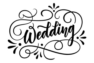 Wedding Flourishing Hand drawn brush pen calligraphy lettering. Vector illustration. Black and White print.