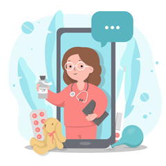 Children's pediatrician with medicines in your phone. The concept of an online consultation with a medical specialist. Colorful vector illustration in a flat design.