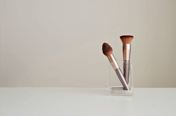 Makeup brushes in a glass stand on a white background, copy space. Interior beauty mockup.