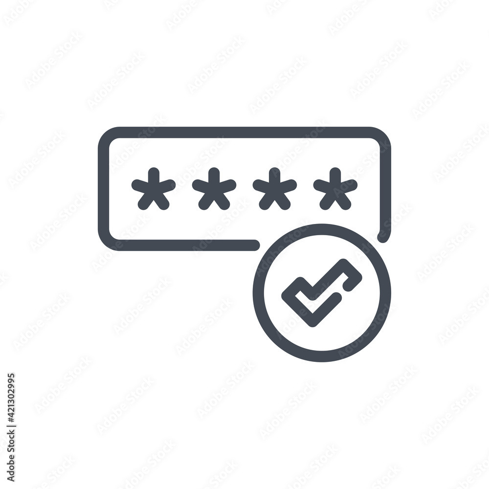 Poster password stars and check mark line icon. correct password and login with tick vector outline sign.