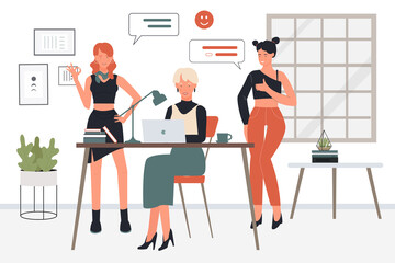 Business people success teamwork vector illustration. Cartoon female employees colleague characters happy to work as team, successful communication with chat message bubbles overhead background