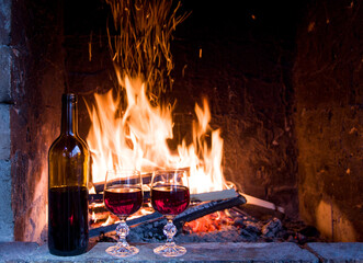 fireplace, fire, wine in glasses