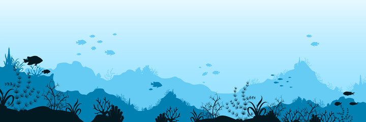 Fototapeta na wymiar Underwater ocean world background. Black silhouettes swimming sea fish with blue outlines corals and vector plants.