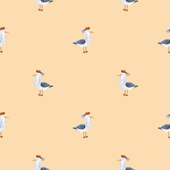 Watercolor marine pattern with cute seagulls in a burgundy beret on a beige background. Great for cards, posters, coupons, baby products, decorative paper, and any design.
