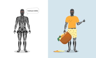 Robot in clothes and without clipart. Mechanical humanoid skeleton automaton and contentedly dressed with basket secondhand vector things.
