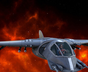 Obraz premium Illustration of a woman with sunglasses on piloting a spaceship deep in outer space with a bright red nebula in the background.