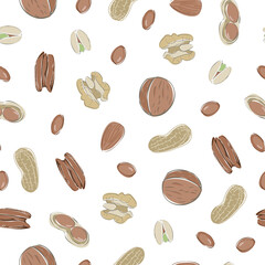 Vector Nuts Walnuts Pecans Almonds Peanuts Pistachios Scattered on Biege Background Seamless Repeat Pattern. Background for textiles, cards, manufacturing, wallpapers, print, gift wrap and