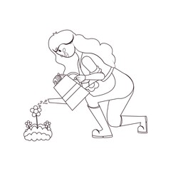 Isolated woman watering plants - VEctor illustration design