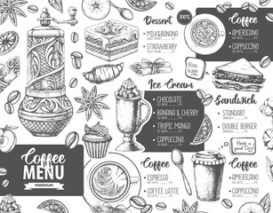 Restaurant Coffee menu design. Decorative sketch of cup of coffee or tea. Dessert menu