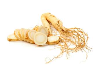 fresh ginseng  root slices on white background